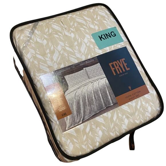 Frye King Sheet 4 Pc Set Flat Fitted Pillowcase Tan Feather 100% Cotton NEW - Picture 1 of 3
